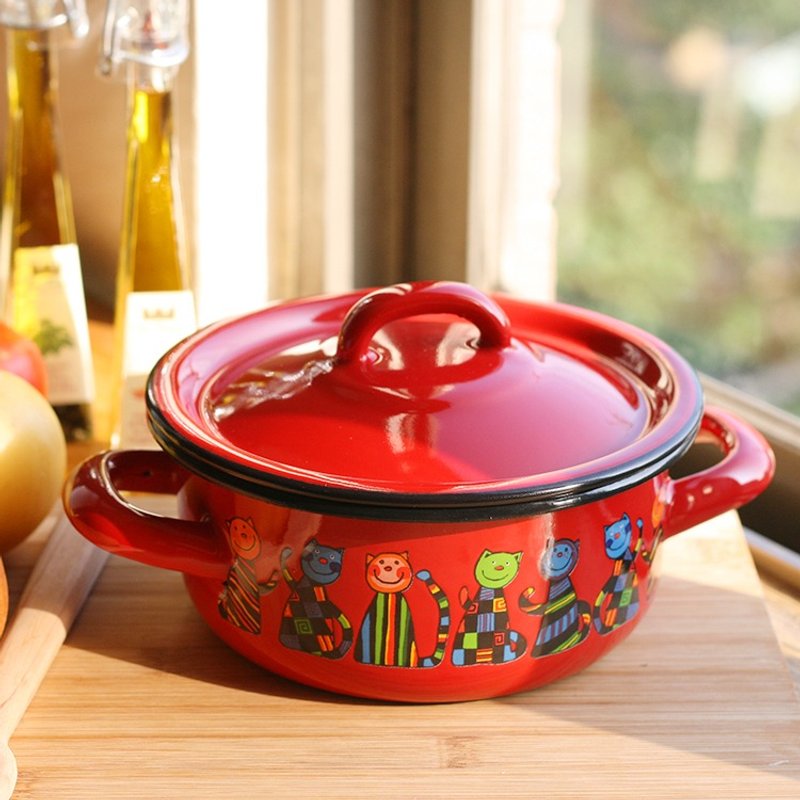 Smaltum布拉格 珐琅双耳锅 几何喵咪_茄红〈FDN000086〉 - 厨房用具 - 珐琅 红色