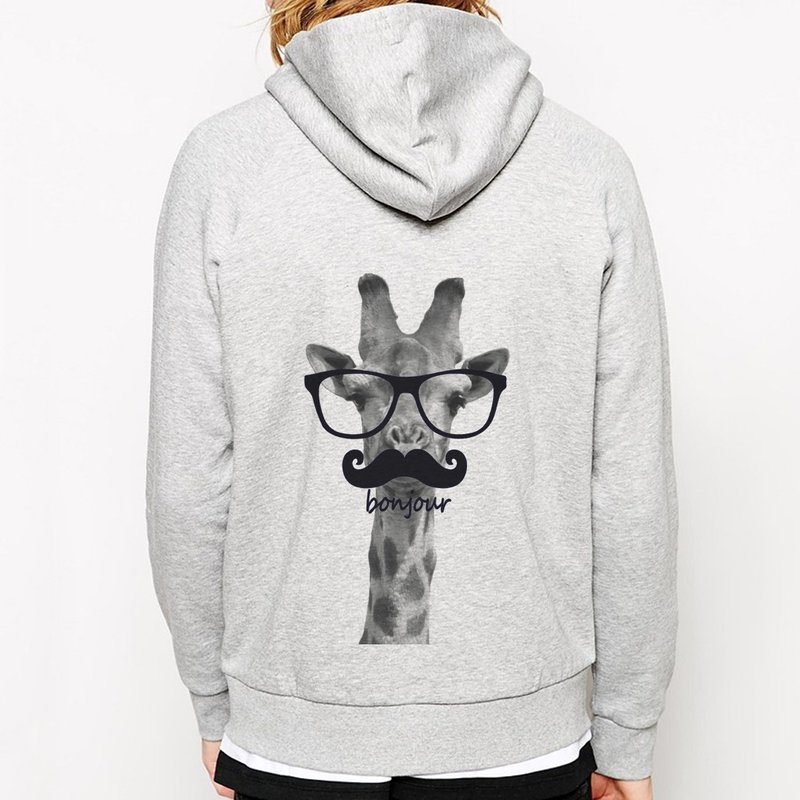 Giraffe-bonjour拉链连帽外套-灰色 长颈鹿 你好 法国 眼镜 胡须 动物 文青 艺术 设计 时髦 文字 时尚 - 男装外套 - 其他材质 灰色