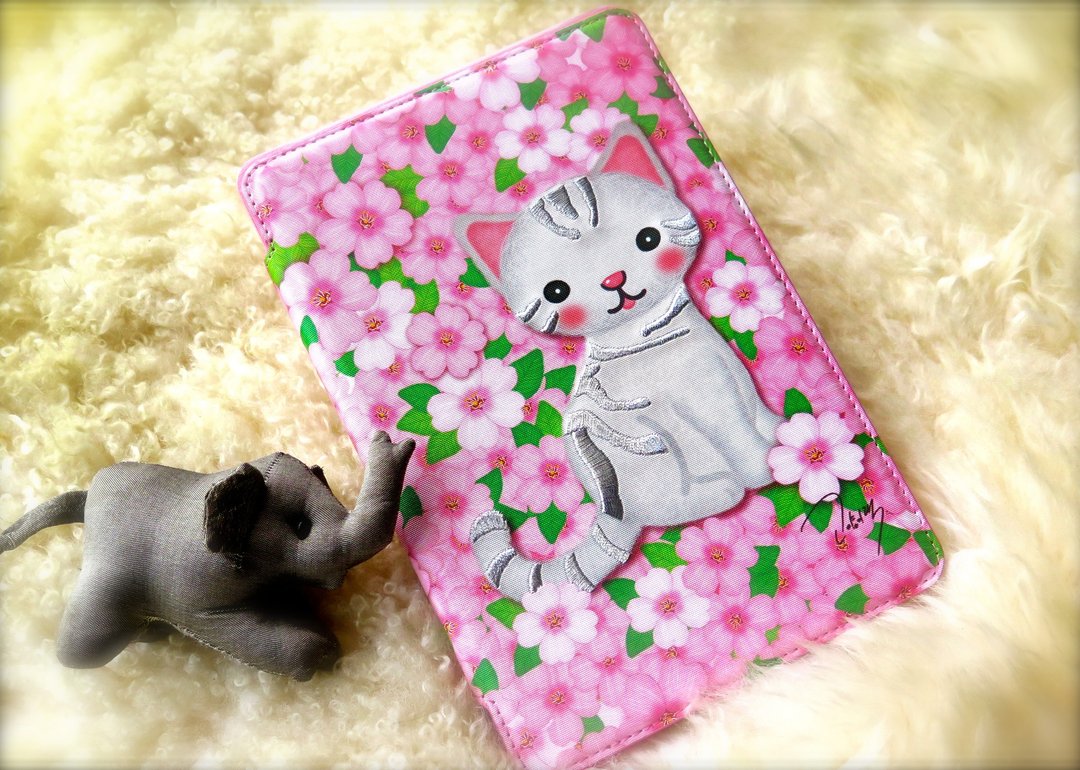 Mi-Ae-Hon iPad mini 1/2/3 Book Cover 刺绣皮套 粉红猫 - 平板/电脑保护壳 - 聚酯纤维 粉红色