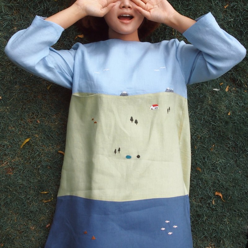 好想出去玩 长袖洋装 Go Outside Dress - 洋装/连衣裙 - 绣线 蓝色