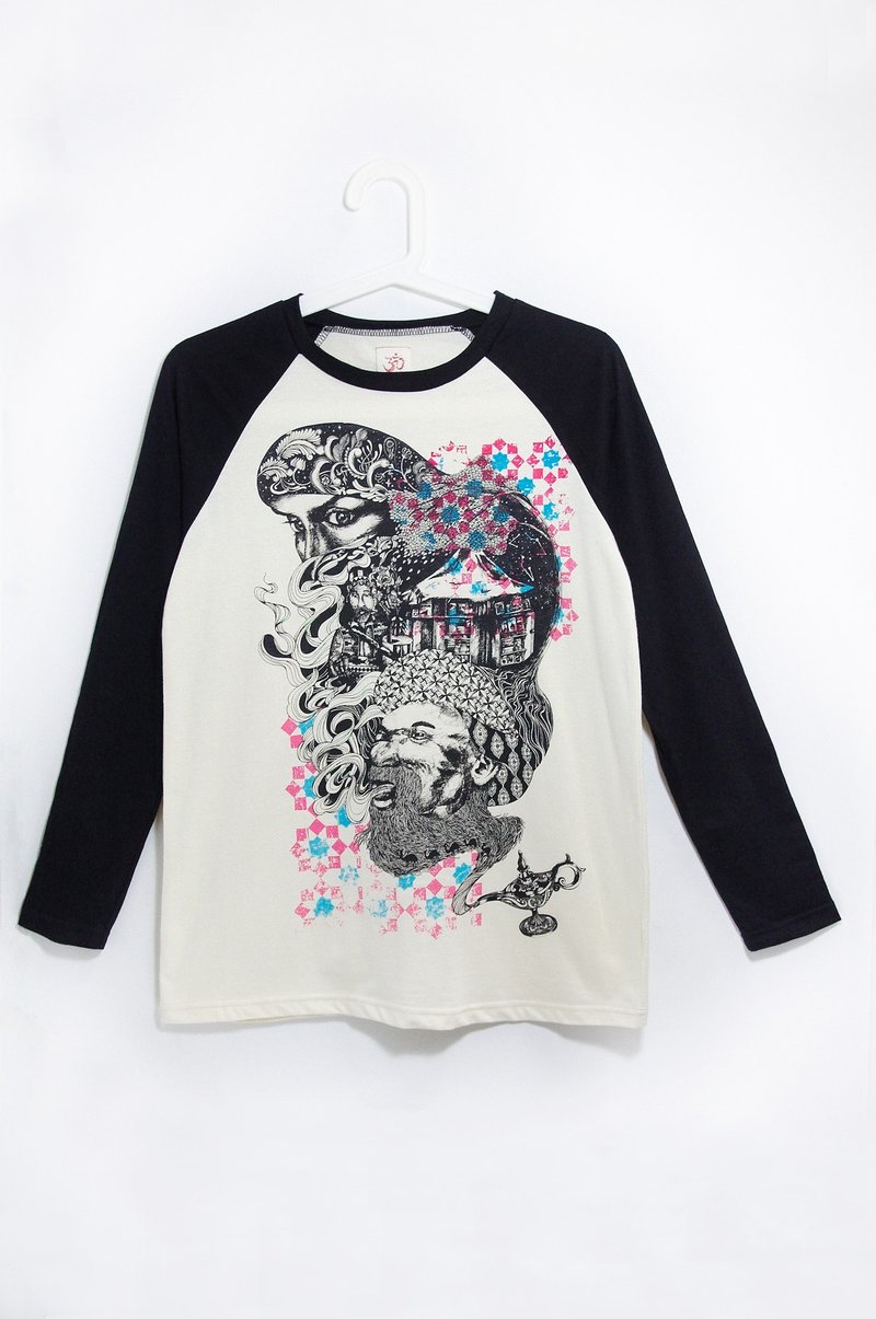 纯棉长袖棒球装上衣 / 旅行T - 跟着神灯去旅行吧! - 女装 T 恤 - 棉．麻 黑色