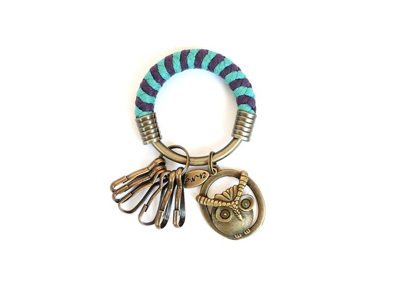 【UNA-优娜手作】钥匙圈(小)5.3CM  湖水绿+深紫色+猫头鹰 手工 编织 腊绳 铁环 定制化 - 钥匙链/钥匙包 - 其他材质 绿色