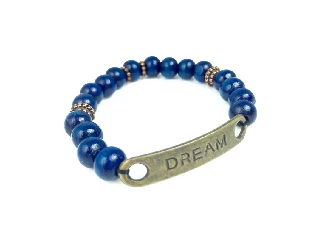 “蓝色木珠 x 古铜Dream吊牌” - 手链/手环 - 其他材质 蓝色