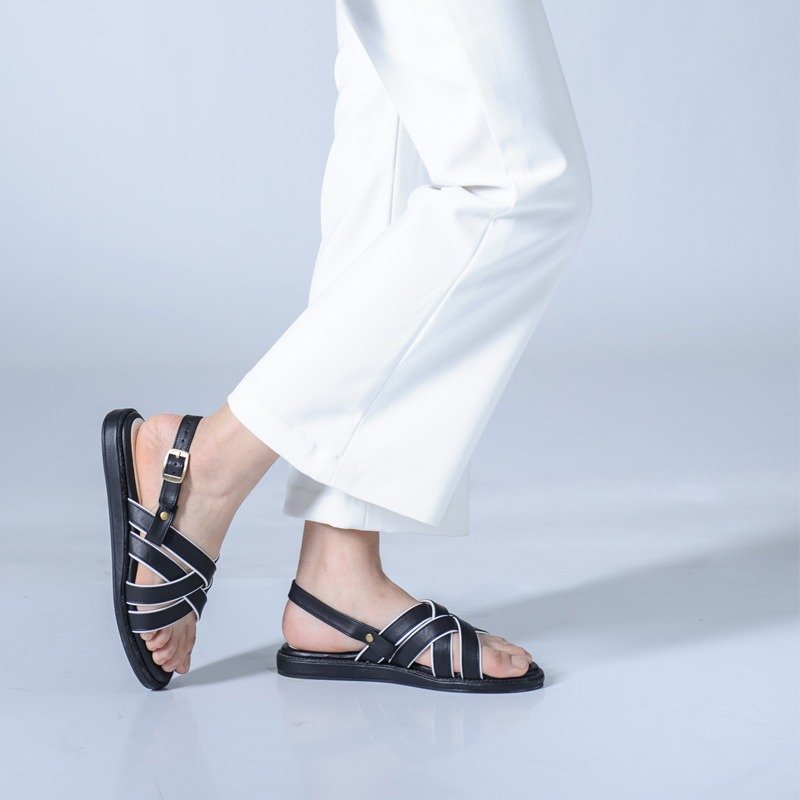 双条交叉饰扣凉鞋 - 黑色 - 女款休闲鞋 - 真皮 黑色