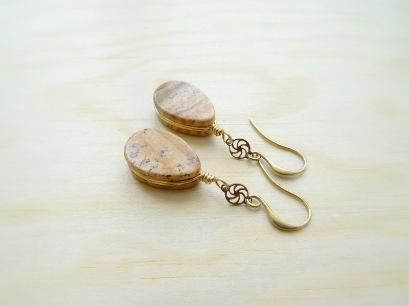 水滴形图画石 黄铜耳环 | 复古唐顿 四季 秋木 - 耳环/耳夹 - 宝石 卡其色