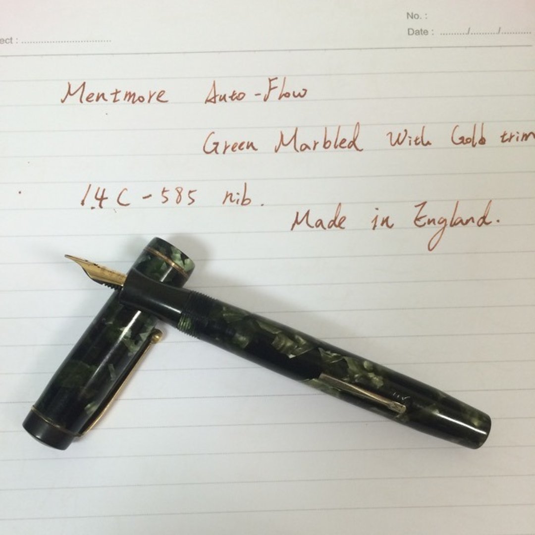 Mentmore 英国古董钢笔 绿大理石纹赛璐璐笔身 拉杆上墨 14K金笔尖  文艺复兴  复古文具 - 钢笔 - 其他材质 绿色