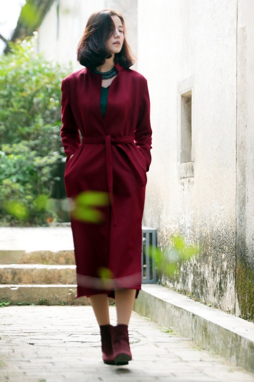 品.祥云纱款高档羊绒大衣女中长款修身大衣 简约时尚 玉质 - 女装休闲/机能外套 - 羊毛 红色
