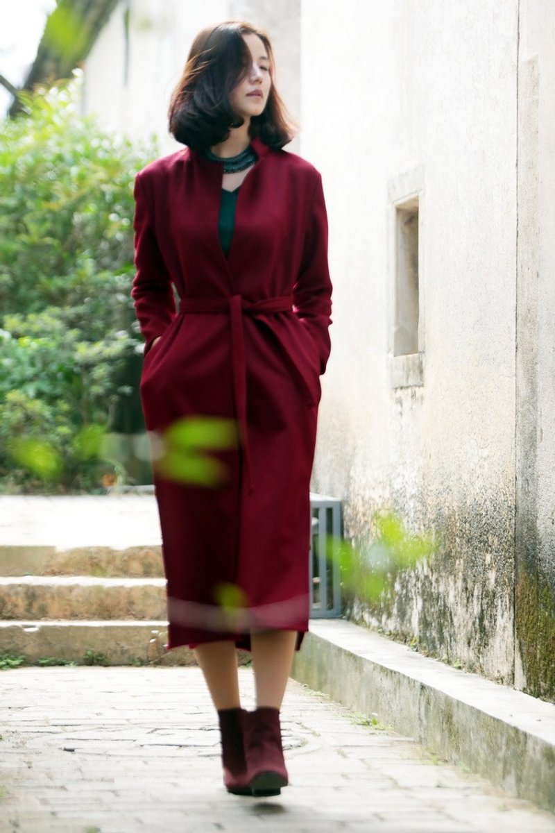 品.祥云纱款高档羊绒大衣女中长款修身大衣 简约时尚 玉质 - 女装休闲/机能外套 - 羊毛 红色