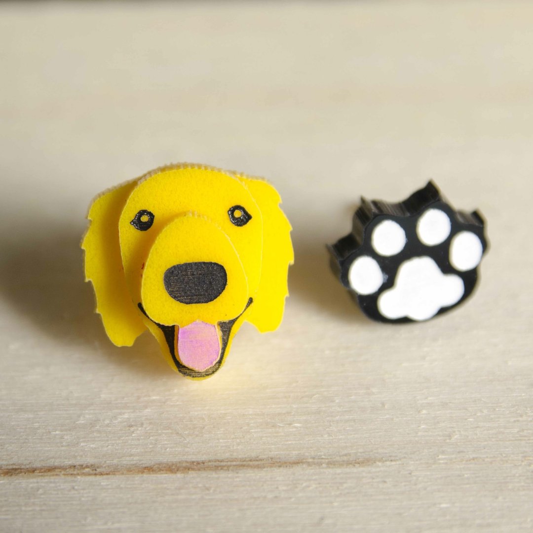 黄金猎犬+狗脚印/抗过敏钢针/可改夹式 - 耳环/耳夹 - 压克力 黄色