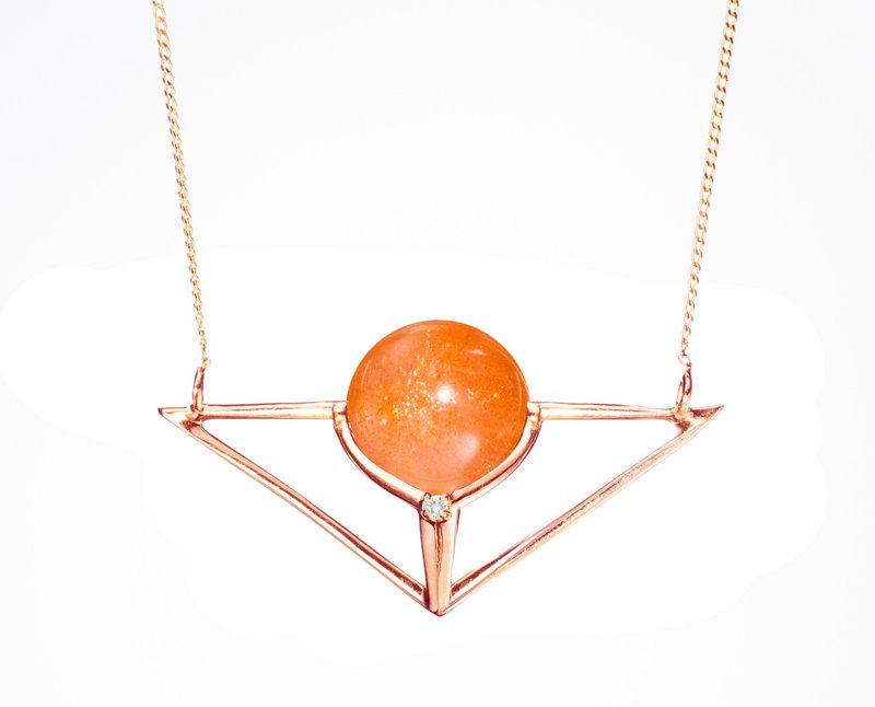 14k玫瑰金太阳石锁骨链 橘色宝石钻石坠子 日光石几何三角形项链 - 锁骨链 - 玫瑰金 橘色