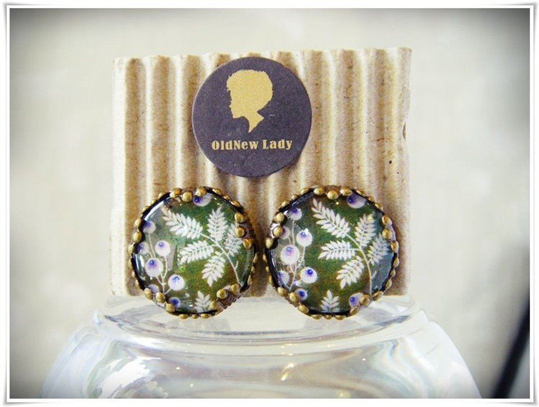 OldNew Lady-古铜色1.5cm圆形耳夹。复古印花布【橄榄色印花】新款! - 耳环/耳夹 - 其他金属 绿色