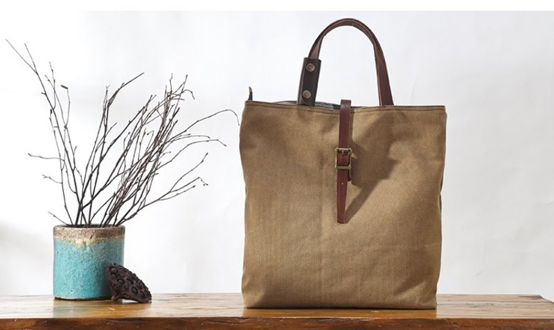 英伦复古牛皮简约帆布包真皮女包帆布新款包包大包休闲手提单肩包 - 手提包/手提袋 - 棉．麻 