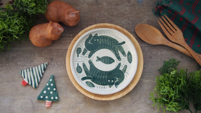 两只猫咪和小鱼盘子 / 装饰品 / 生日礼物 - 花瓶/陶器 - 纸 绿色