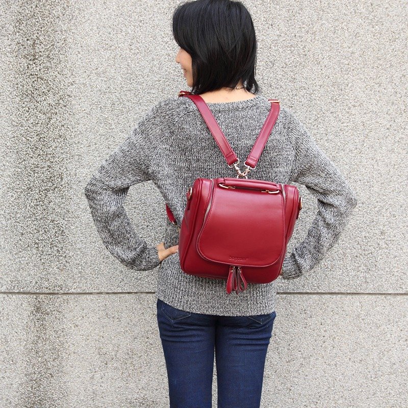 100408-20★Bagcom Masaki 皮革双肩多用书包 红色 - 后背包/双肩包 - 真皮 红色