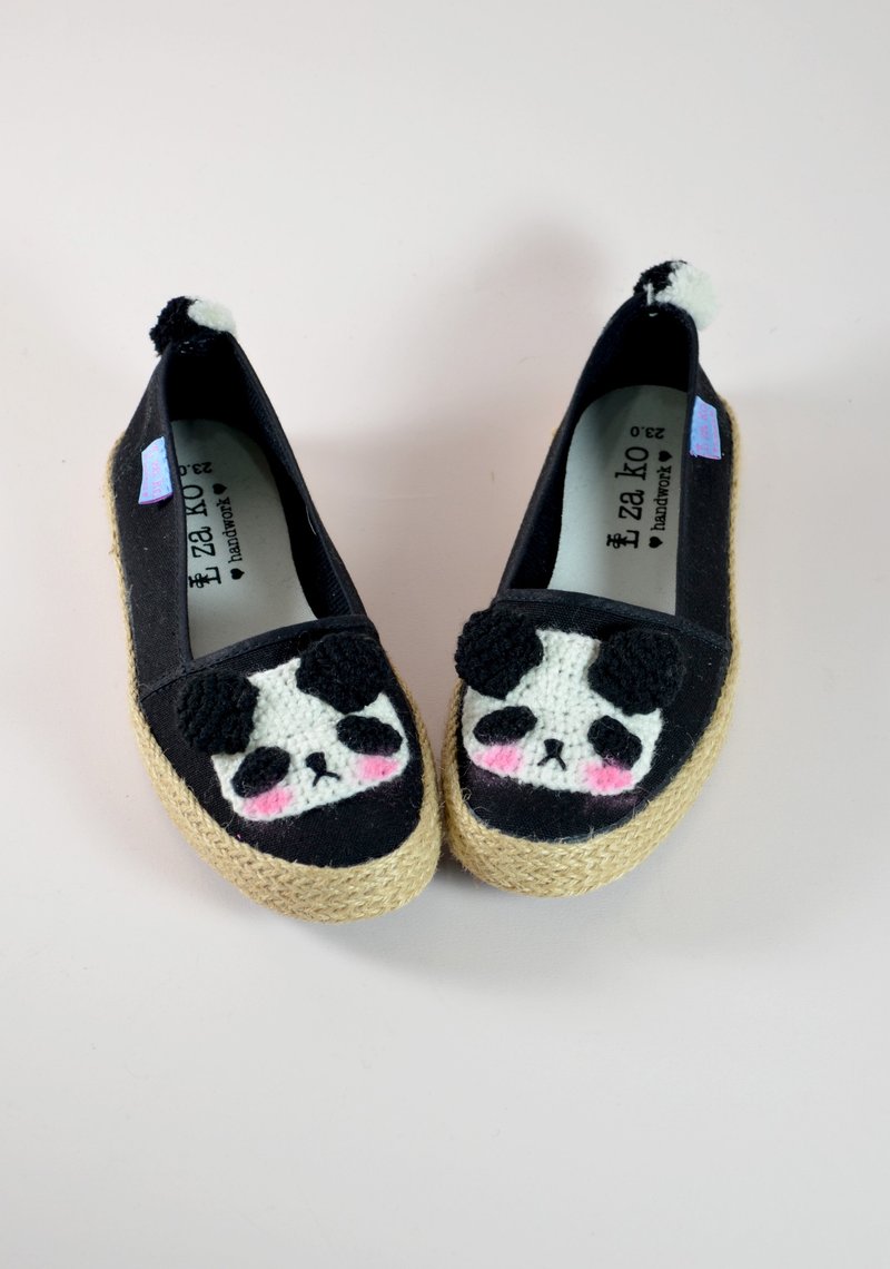 纯棉帆布手作鞋 熊猫 猫熊 款  有编织款 - 女款休闲鞋 - 棉．麻 黑色