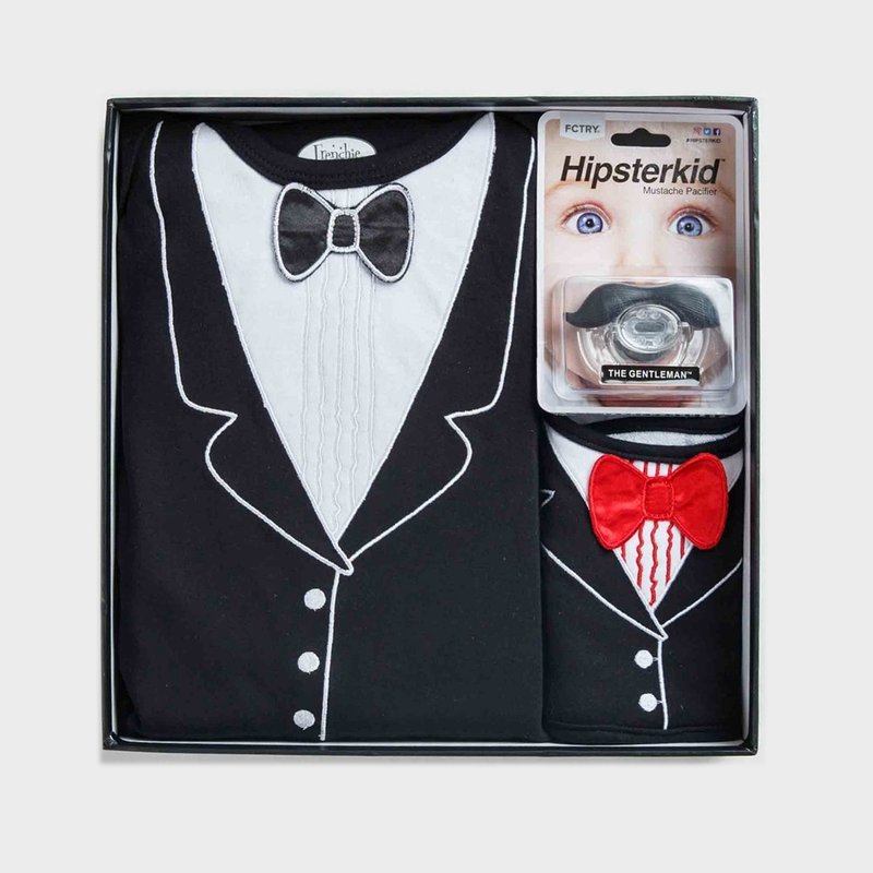 美国FMC X Hipsterkid男婴礼盒-李傲纳多宴会版 连身衣+围兜+奶嘴 - 满月礼盒 - 棉．麻 黑色