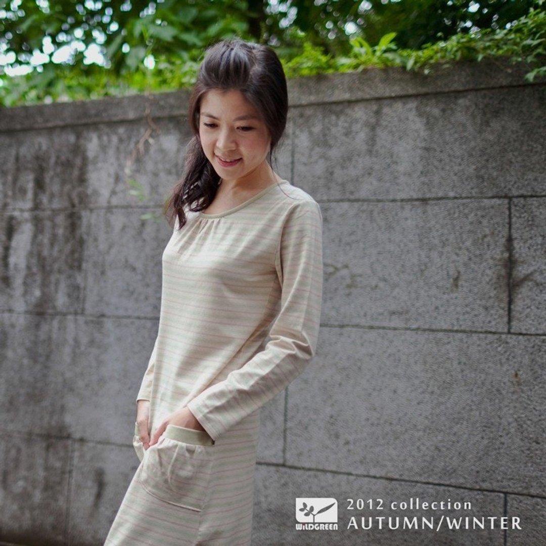 有机彩棉 女款条纹 长袖居家连身裙装 - 洋装/连衣裙 - 棉 卡其色