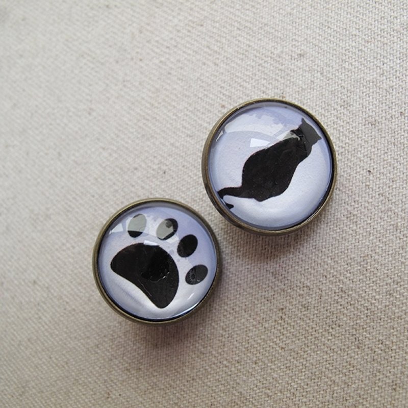 圆形耳夹耳针 - 猫背影+猫掌印~喵 - 耳环/耳夹 - 其他金属 黑色