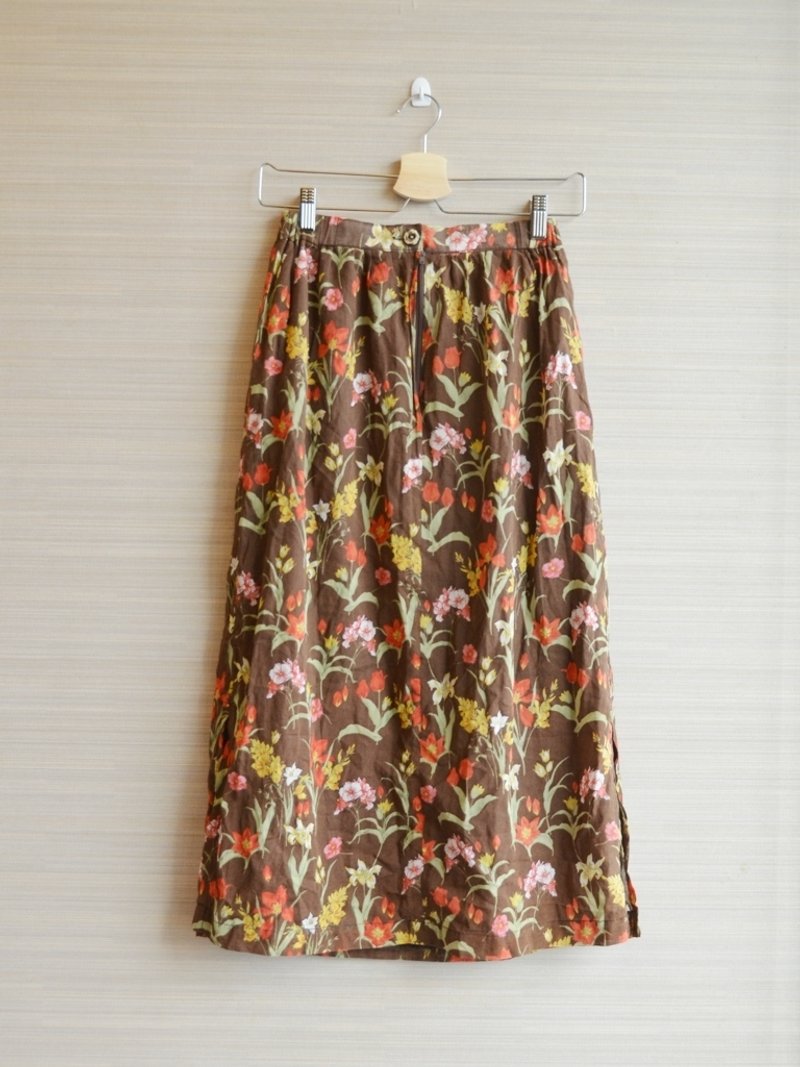 {地花ilakoa}【古着】欧美田园油画感花朵长裙 - 裙子 - 其他材质 咖啡色