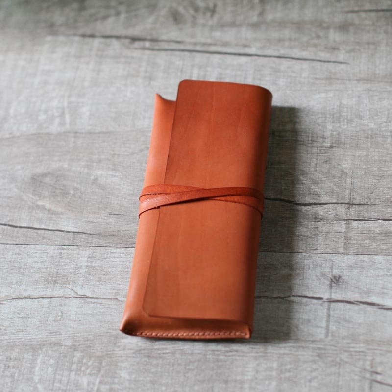 植鞣焦糖棕色牛皮真皮大笔袋 - 铅笔盒/笔袋 - 真皮 橘色