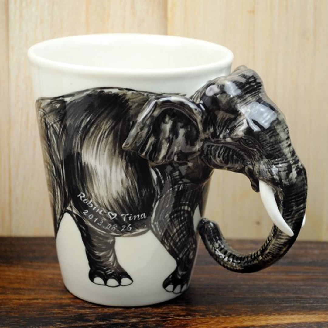 (限量品)【MSA GLASS ENGRAVING】 大象手绘杯 立体刻字陶瓷马克杯 刻字艺术品 收藏品 - 咖啡杯/马克杯 - 其他材质 灰色