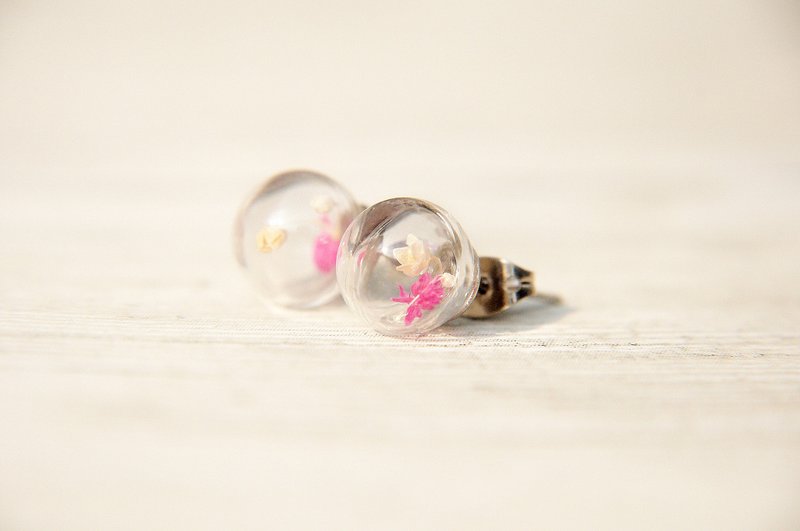 西洋情人节礼物 / 森林系 / 原味玻璃球耳环 - 干燥花红色小花 - 耳环/耳夹 - 玻璃 红色