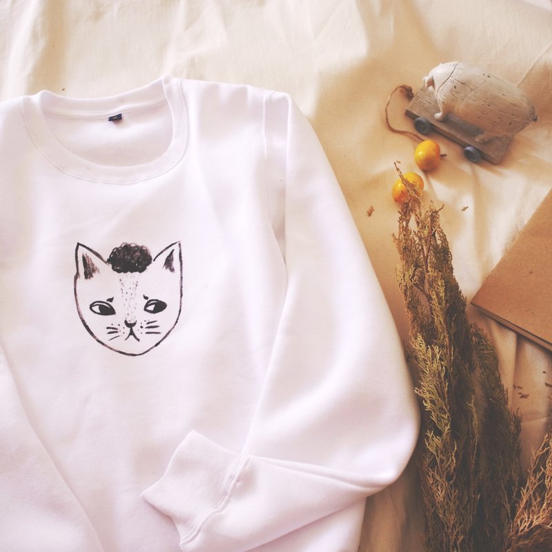 忧郁电棒猫  大学T - 中性连帽卫衣/T 恤 - 棉．麻 白色