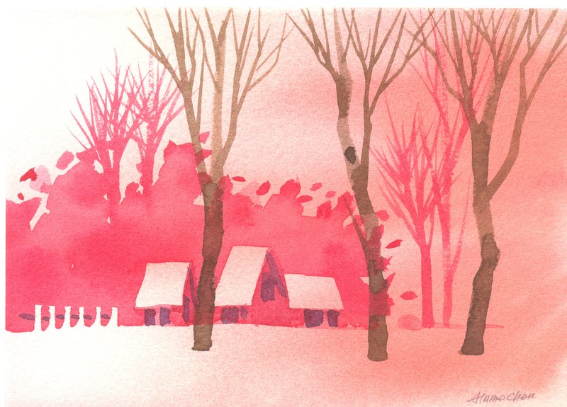 “疗愈系树林系列1-129”水彩手绘限量版明信片/圣诞卡 - 卡片/明信片 - 纸 红色