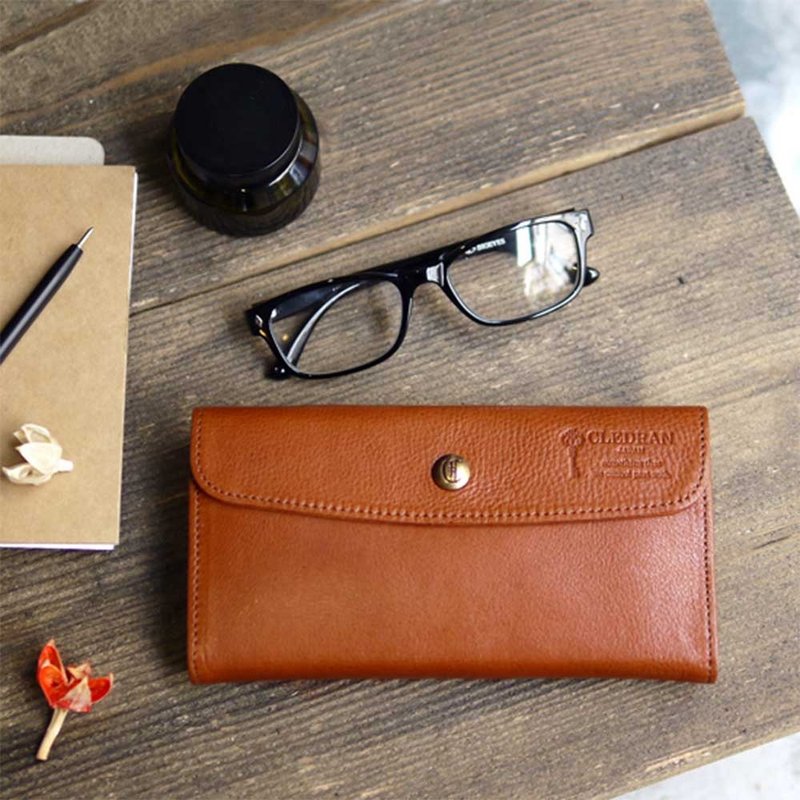 牛皮扣子多夹层长夹 Made in Japan by CLEDRAN - 皮夹/钱包 - 真皮 咖啡色