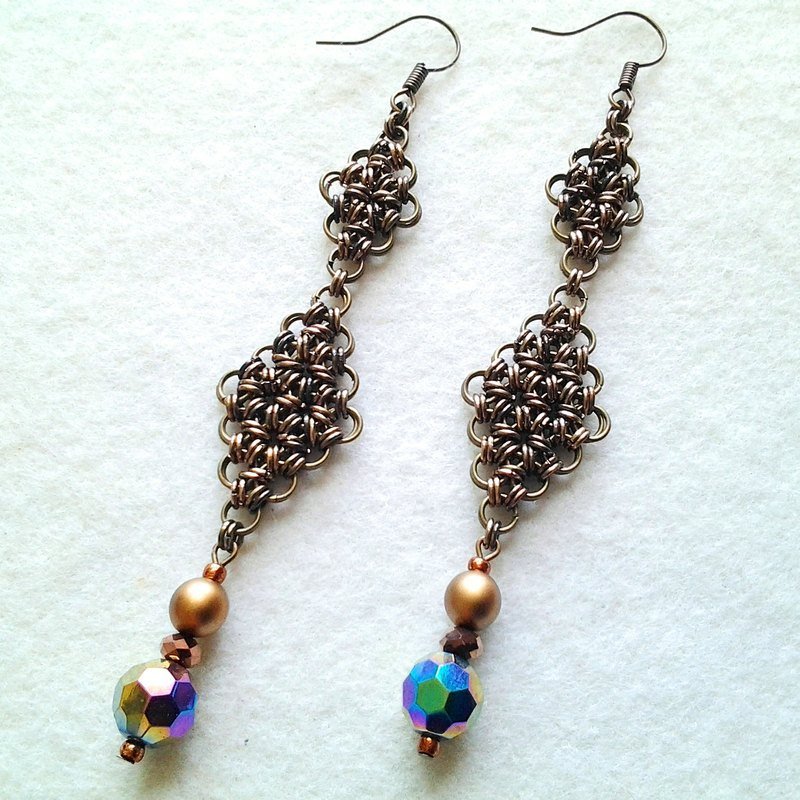 Muse 镮镮相扣大小菱形青古铜金属金属色水晶长耳环 - 耳环/耳夹 - 其他金属 多色