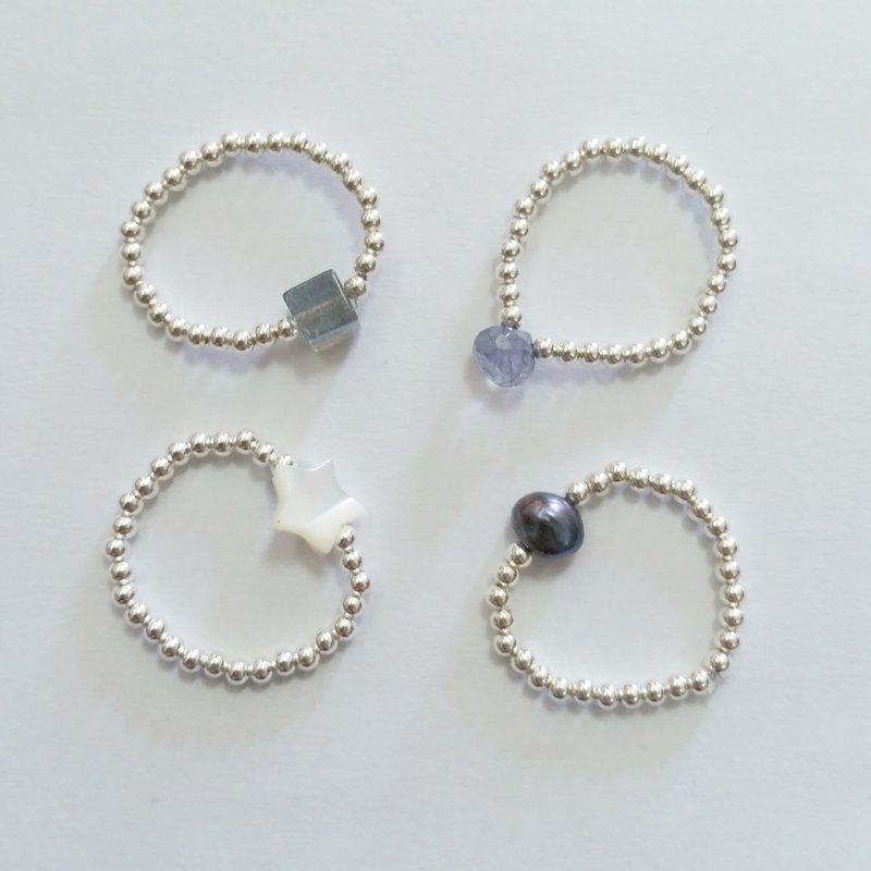 黑珍珠/贝母星星/切面堇青石/方型蓝光拉长石  925纯银小圆珠戒指 - 戒指 - 宝石 多色