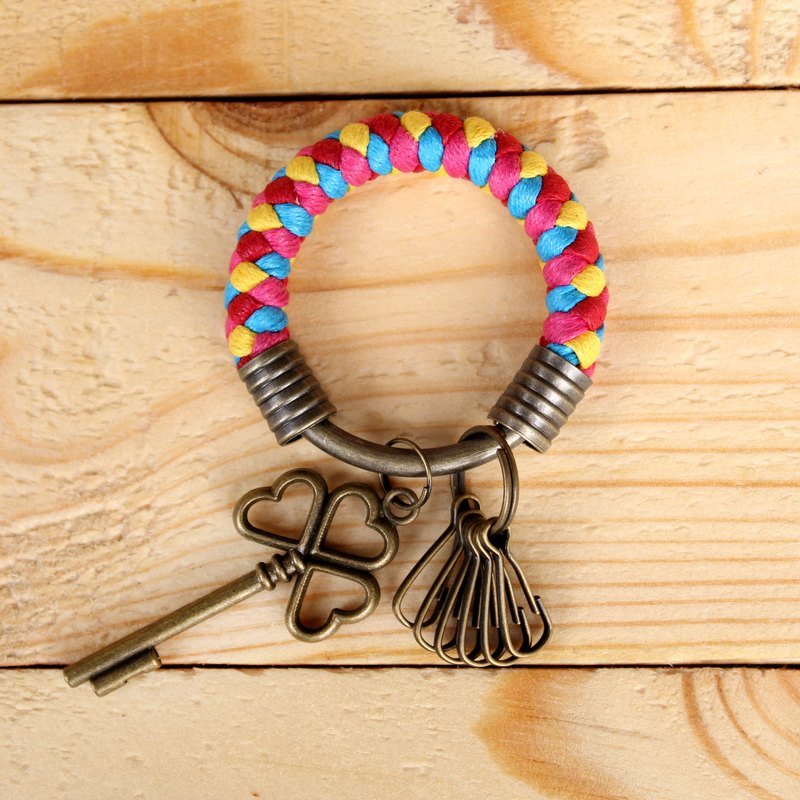 四色纯手工编织腊绳铁环钥匙圈(小)/客制化 - 吊饰 - 其他金属 多色