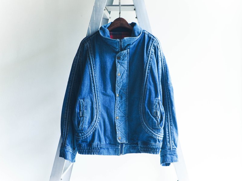 河水山 - 冬季北极之雪地星球 小立领丹宁古董拼布外套 牛仔 古着 中性 oversize vintage denim - 女装休闲/机能外套 - 纸 蓝色