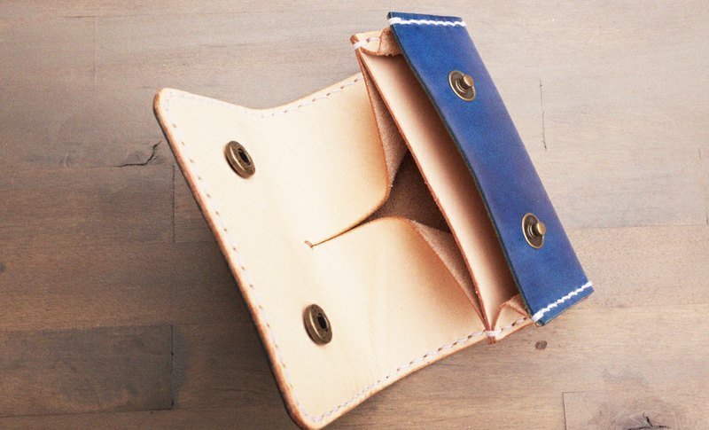 进口高质感皮革 手工缝制染色 零钱包 可放卡片 卡夹 可免费打印名字 [多功能] - 零钱包 - 真皮 蓝色