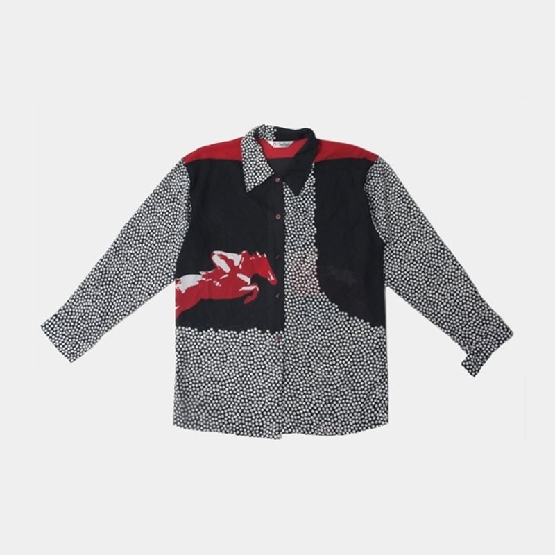 │moderato│不规则点点飞马撞色拼接古着衬衫│森林复古.英伦.文艺青年 - 女装衬衫 - 其他材质 黑色