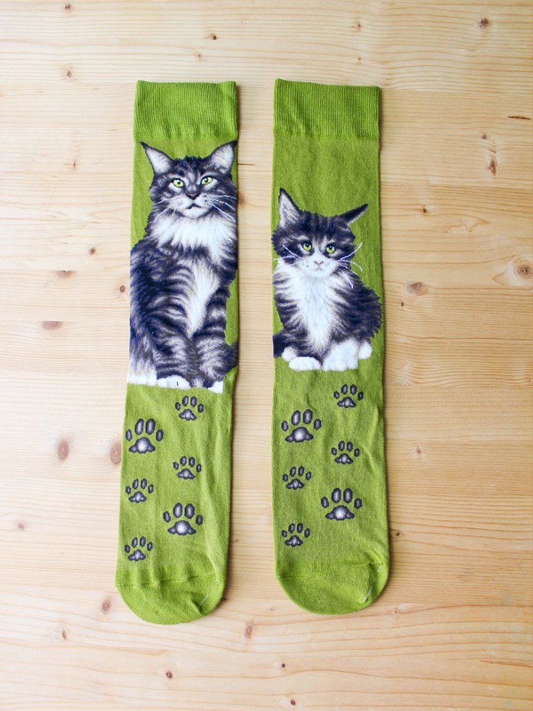 JHJ Design 加拿大品牌 高彩度针织棉袜 猫咪系列 缅因猫 (女) 猫咪 爱猫 可爱 - 袜子 - 其他材质 绿色