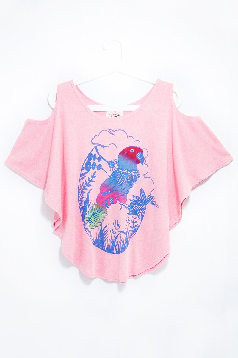 纯棉手感自然垂坠两穿露肩女装 - 热带南美彩色渐层鹦鹉 ( 麻花粉 ) - 女装上衣 - 棉．麻 粉红色