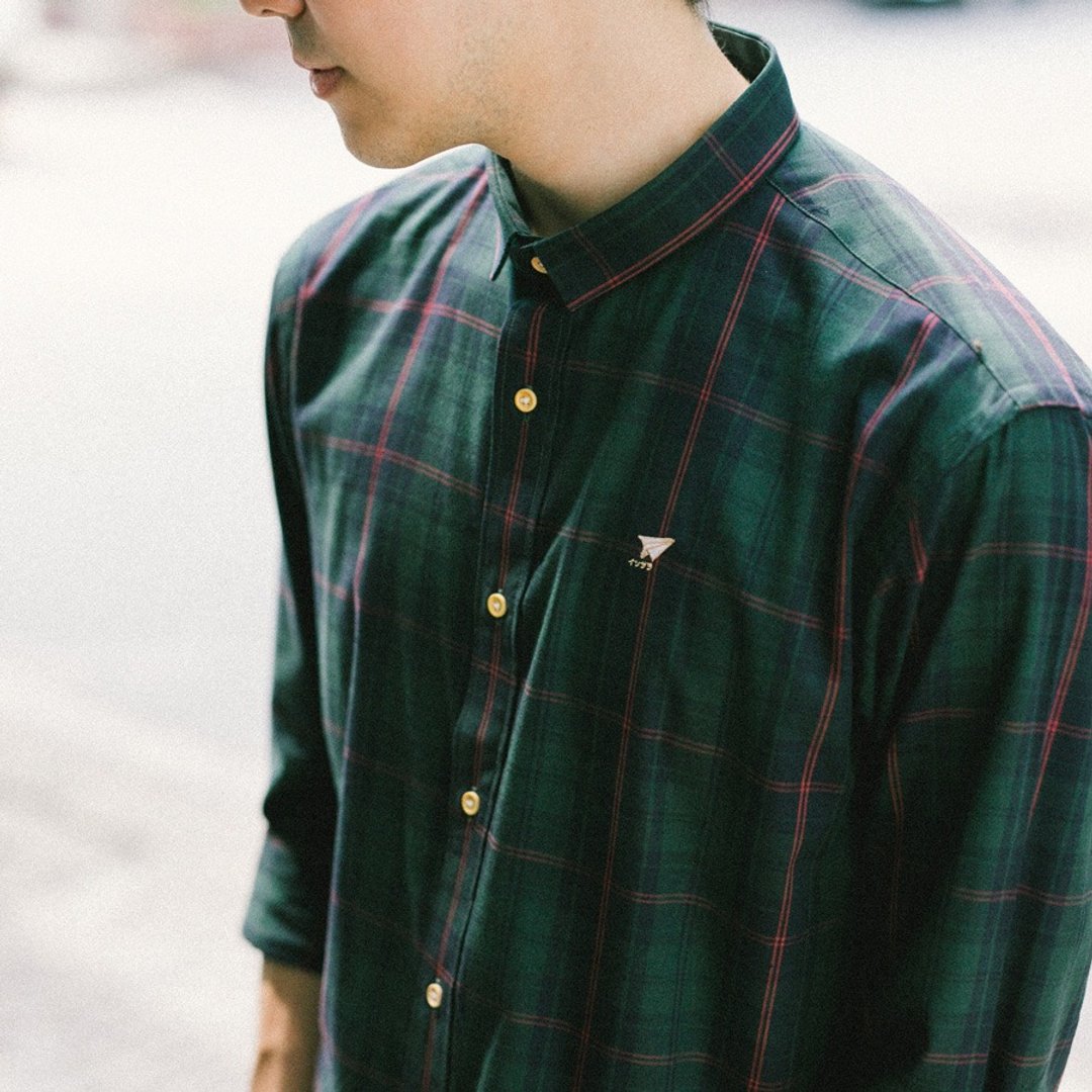 Men shirt: Straight-Small collar - 男装衬衫 - 棉 绿色