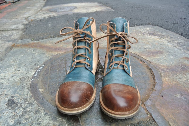 #909男靴 顽童拼色短靴/棕蓝米 - 男款靴子 - 真皮 咖啡色