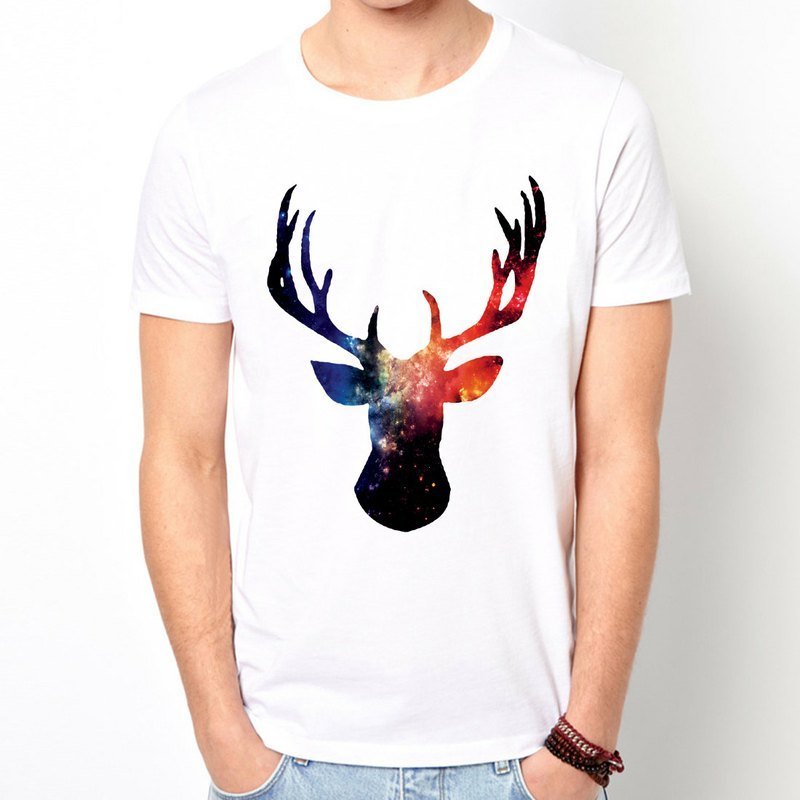 Cosmic Stag 短袖T恤-白色 鹿动物宇宙平价时尚设计自创品牌银河 - 男装上衣/T 恤 - 其他材质 白色