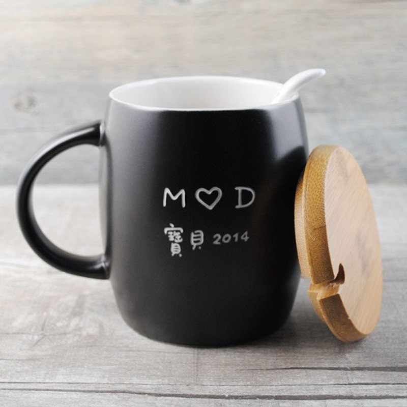 400cc【MSA可刻字的马克杯套组】星巴克风陶瓷杯含竹盖汤匙组 适合喝热热咖啡 - 咖啡杯/马克杯 - 其他材质 黑色