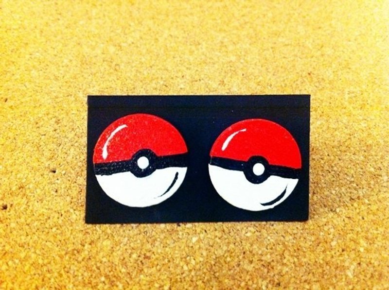 手绘木头耳针-神奇宝贝球(大颗) - 耳环/耳夹 - 木头 红色