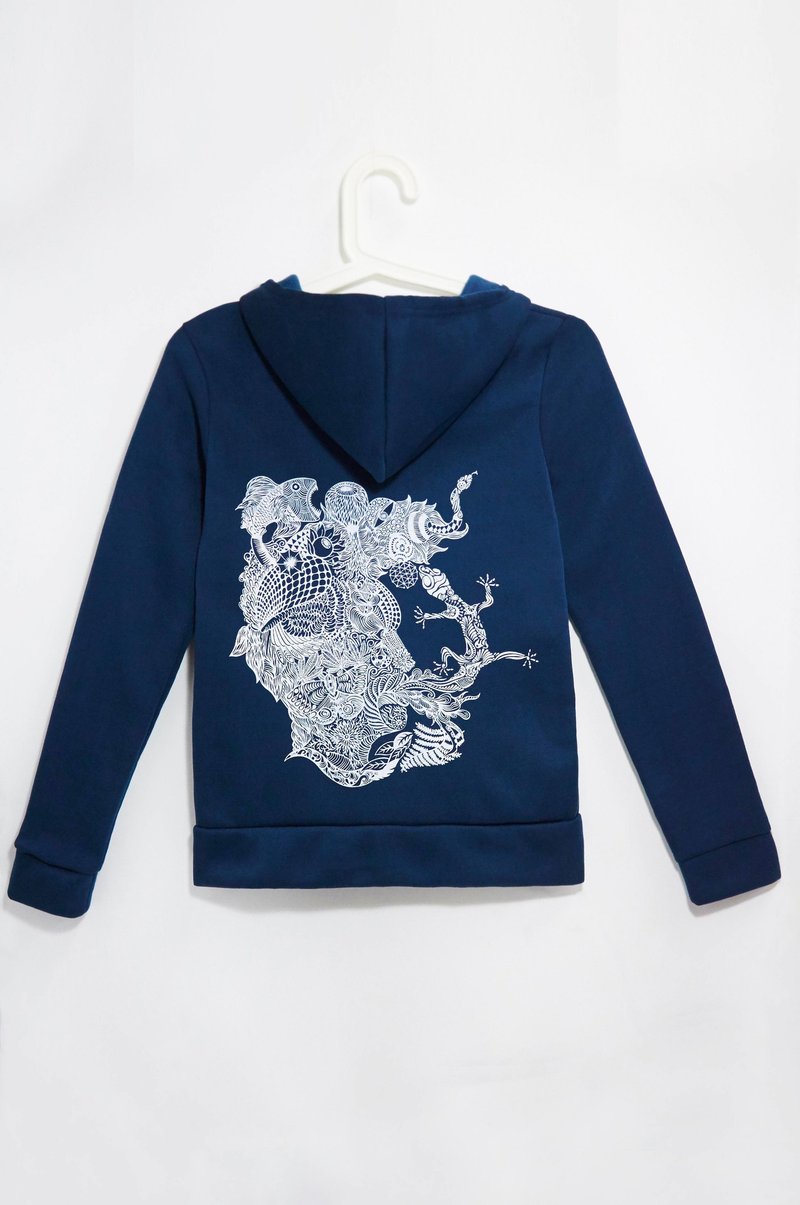 手感连帽内刷毛外套-心灵之图系列旅行记忆脸庞 ( 丈青 ) - 女装休闲/机能外套 - 棉．麻 蓝色