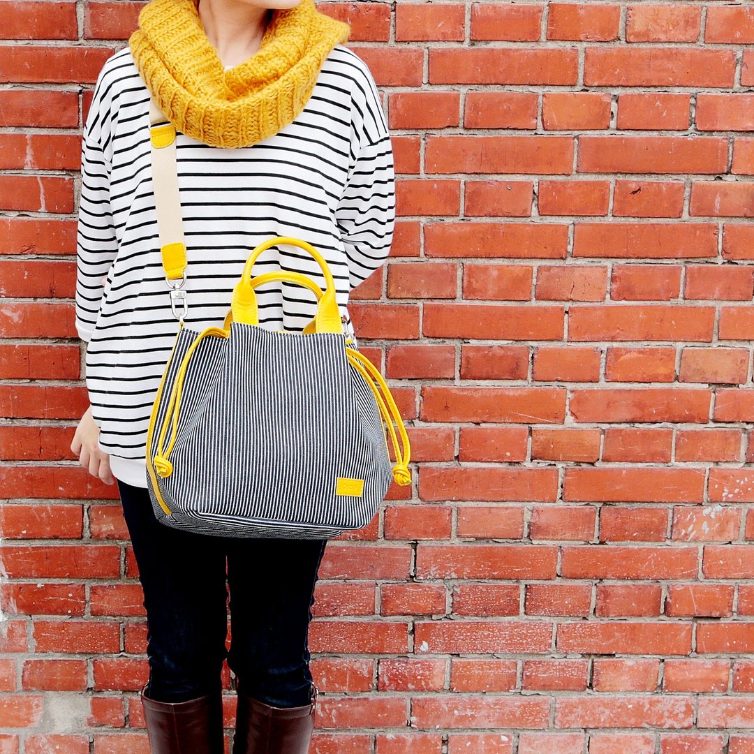 【桶型包 Bucket bag 束口包】 :: 深蓝条纹黄 :: - 侧背包/斜挎包 - 其他材质 蓝色