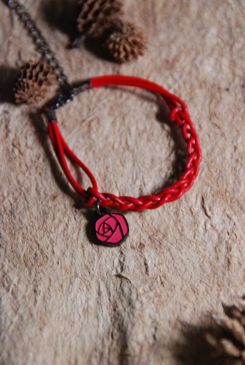 ❥情人节精选/玫瑰花/爱心/小牛皮绳手环[长度可订制/可选色] - 手链/手环 - 真皮 红色