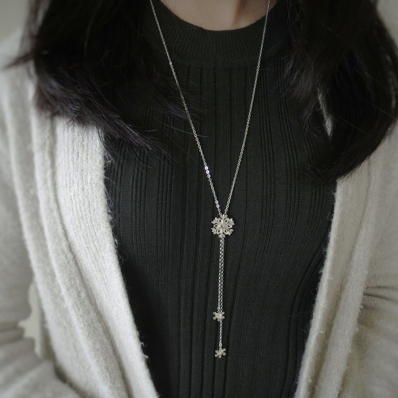 圣诞爱心雪花 - Y字链 | 纯银项链 长链 细链 手工银饰 - 项链 - 纯银 银色