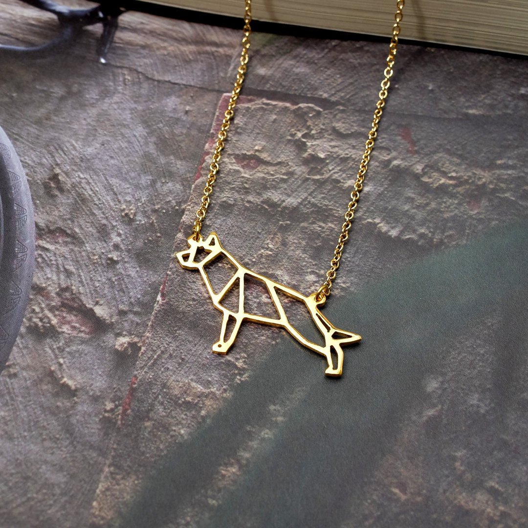 German Shepherd Necklace gift for dog lover, Origami Dog, Gold Plated Brass - 项链 - 铜/黄铜 金色
