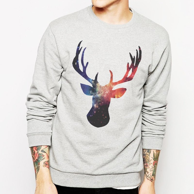 Cosmic Stag 大学刷毛美国棉T-灰色 巴哥 鹿 宇宙 银河系 时髦 - 男装上衣/T 恤 - 其他材质 灰色