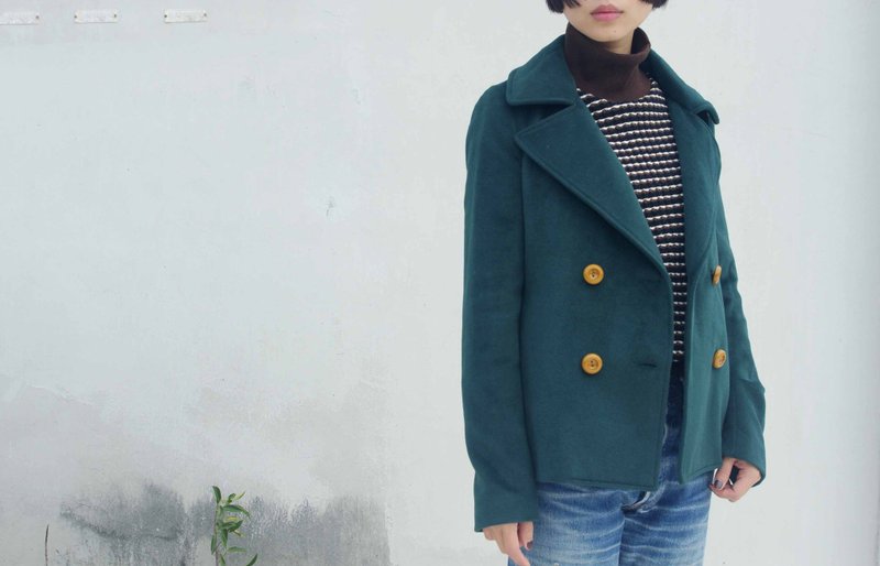 4.5studio-日本扛回寻宝老衣特区-复古墨绿 X芥黄扣应景双排扣大衣 - 女装休闲/机能外套 - 其他材质 绿色