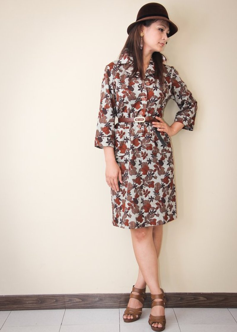 Fyntage古着 vintage落叶缤纷秋枫连身口袋古董洋装 - 洋装/连衣裙 - 其他材质 